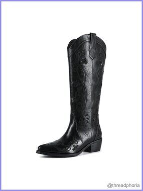 Women's Knee High Western Boots Faux Leather Chunky Heel Tall Boots